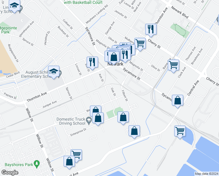 map of restaurants, bars, coffee shops, grocery stores, and more near 7510 Snow Avenue in Newark