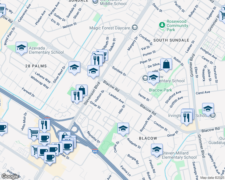 map of restaurants, bars, coffee shops, grocery stores, and more near in Fremont