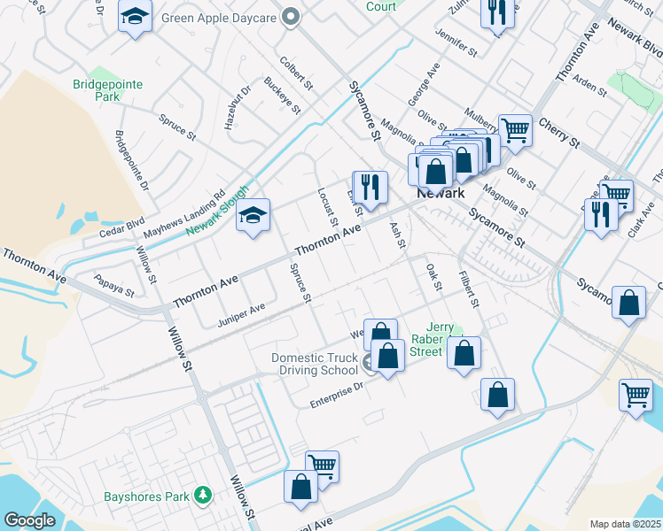 map of restaurants, bars, coffee shops, grocery stores, and more near 37073 Locust Street in Newark