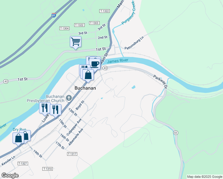 map of restaurants, bars, coffee shops, grocery stores, and more near 182-538 Bridge St S in Buchanan