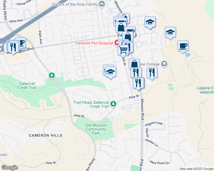 map of restaurants, bars, coffee shops, grocery stores, and more near 463 Becado Place in Fremont