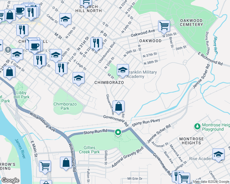 map of restaurants, bars, coffee shops, grocery stores, and more near 607 North 38th Street in Richmond