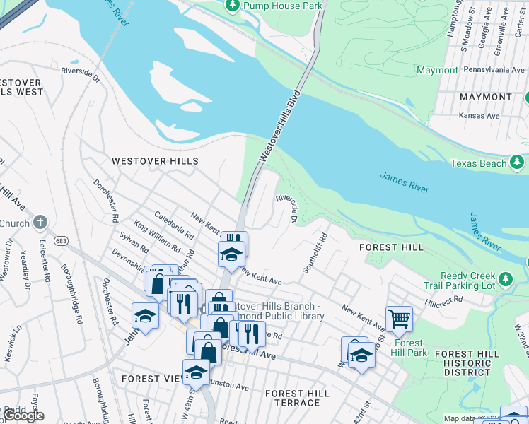 map of restaurants, bars, coffee shops, grocery stores, and more near 4907 Evelyn Byrd Road in Richmond