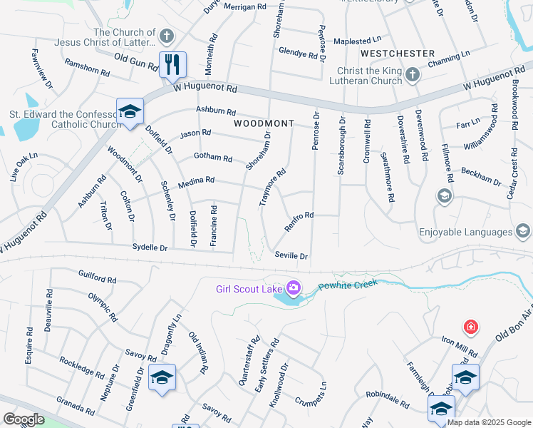map of restaurants, bars, coffee shops, grocery stores, and more near 2335 Traymore Road in Richmond