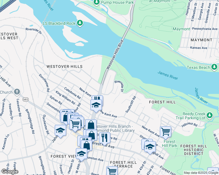 map of restaurants, bars, coffee shops, grocery stores, and more near 4907 Evelyn Byrd Road in Richmond