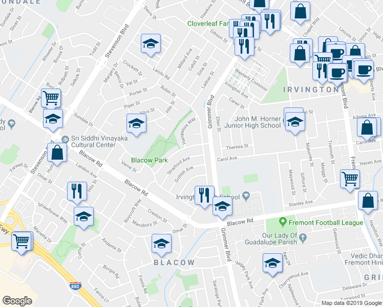 map of restaurants, bars, coffee shops, grocery stores, and more near 4637 Stratford Avenue in Fremont