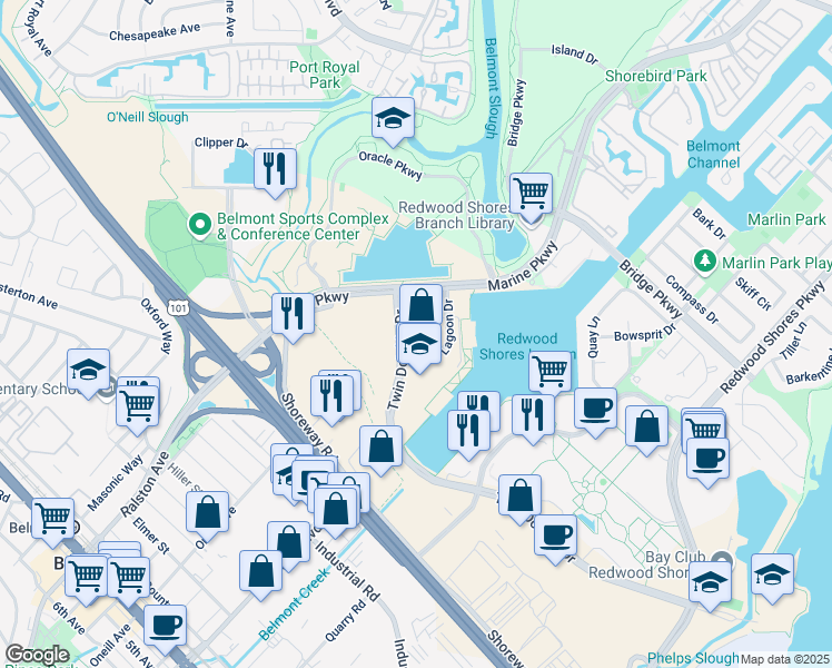 map of restaurants, bars, coffee shops, grocery stores, and more near 13 Twin Dolphin Dr in Redwood City
