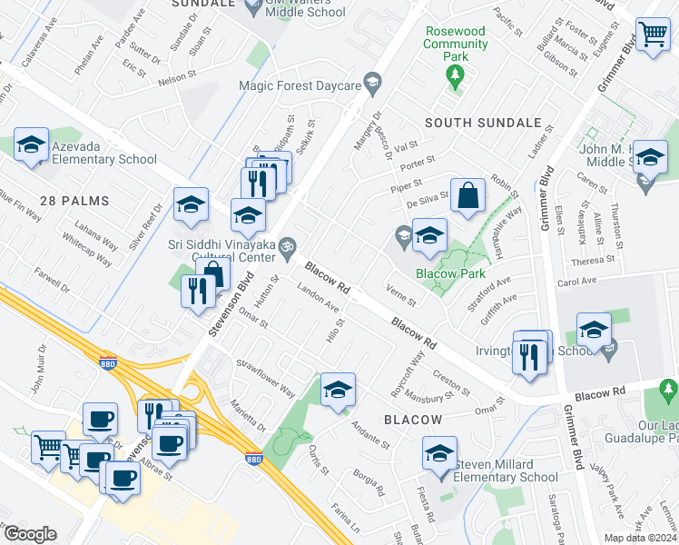 map of restaurants, bars, coffee shops, grocery stores, and more near 40338 Blacow Road in Fremont