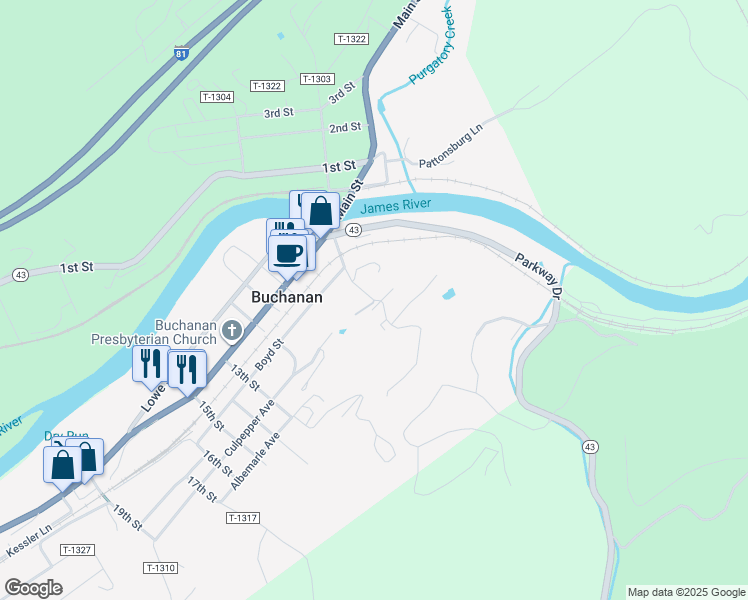 map of restaurants, bars, coffee shops, grocery stores, and more near 182 Bridge Street South in Buchanan