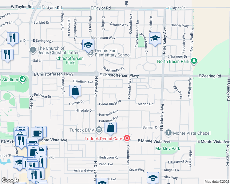 map of restaurants, bars, coffee shops, grocery stores, and more near 3676 Milano Way in Turlock