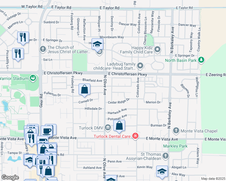 map of restaurants, bars, coffee shops, grocery stores, and more near 851 Whispering Pines Drive in Turlock