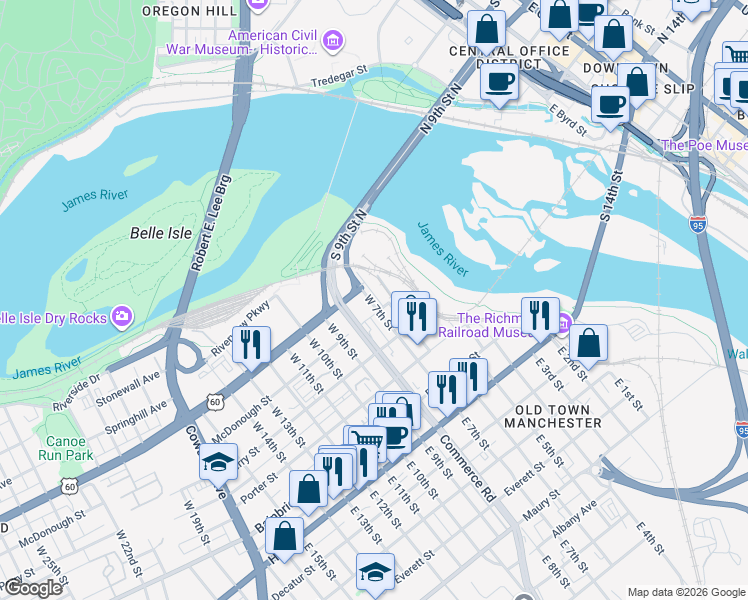 map of restaurants, bars, coffee shops, grocery stores, and more near 300 West 7th Street in Richmond