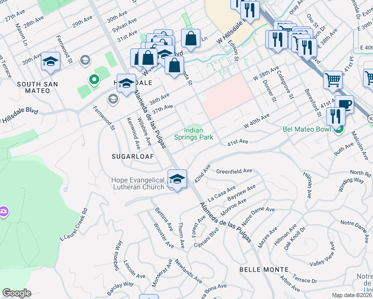 map of restaurants, bars, coffee shops, grocery stores, and more near 351 Rolling Hills Avenue in San Mateo