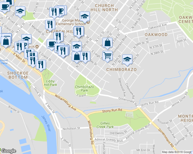 map of restaurants, bars, coffee shops, grocery stores, and more near 3403 East Marshall Street in Richmond