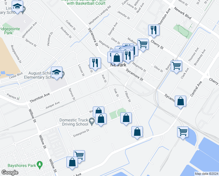 map of restaurants, bars, coffee shops, grocery stores, and more near 7590 Snow Avenue in Newark