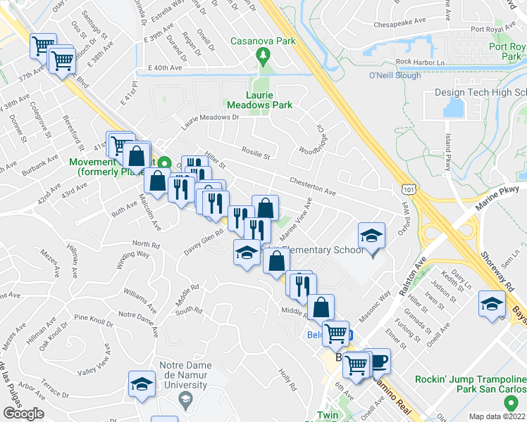 map of restaurants, bars, coffee shops, grocery stores, and more near 513 Mountain View Avenue in Belmont