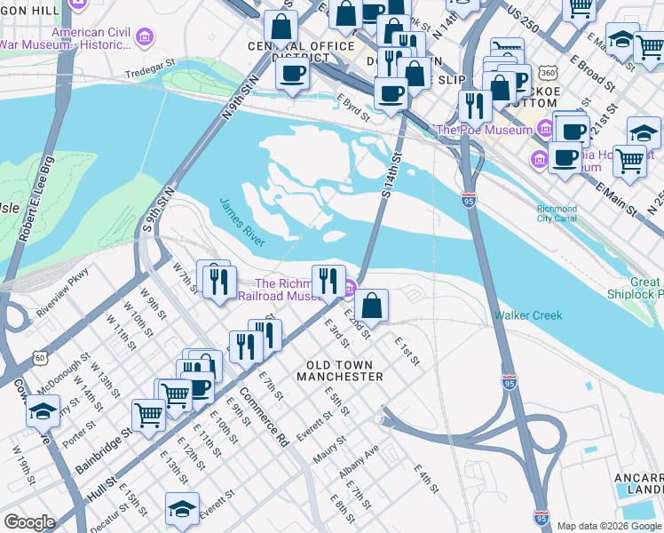 map of restaurants, bars, coffee shops, grocery stores, and more near 111 Hull Street in Richmond