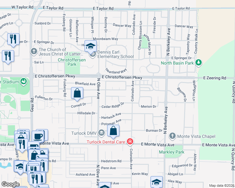 map of restaurants, bars, coffee shops, grocery stores, and more near 3676 Milano Way in Turlock
