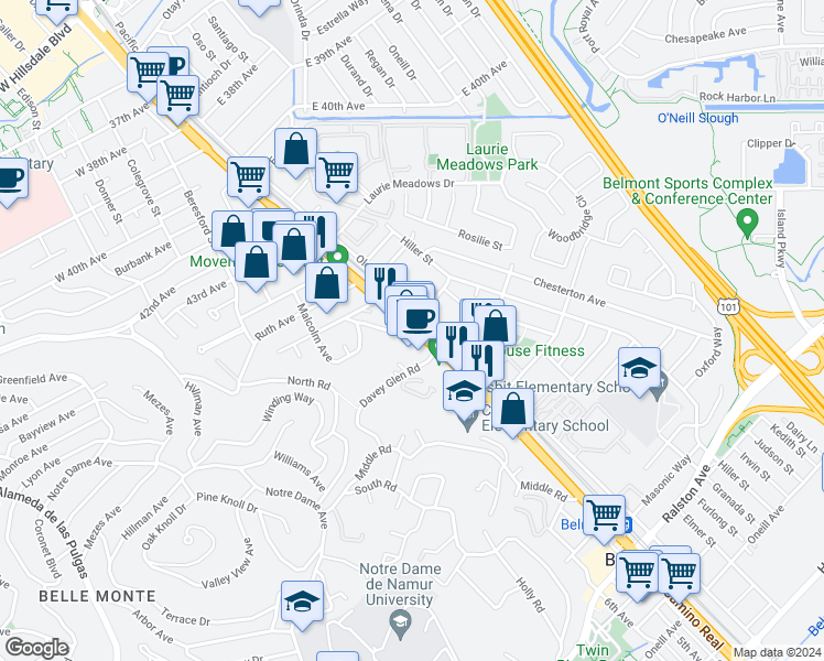 map of restaurants, bars, coffee shops, grocery stores, and more near 390 El Camino Real in Belmont