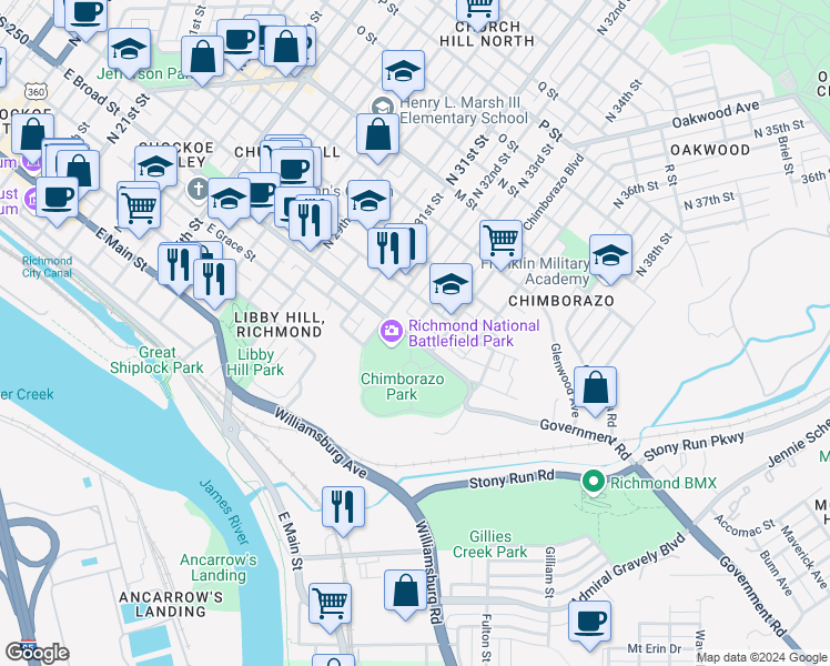 map of restaurants, bars, coffee shops, grocery stores, and more near 3215 East Broad Street in Richmond