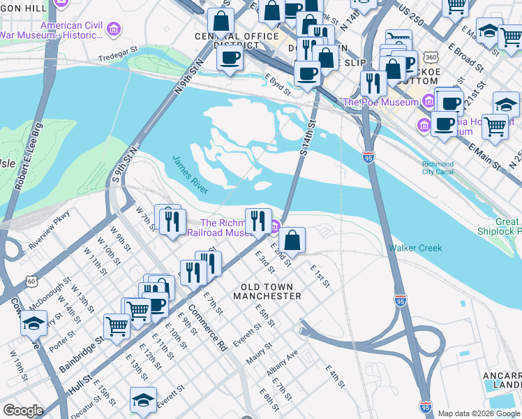 map of restaurants, bars, coffee shops, grocery stores, and more near 111 Hull Street in Richmond