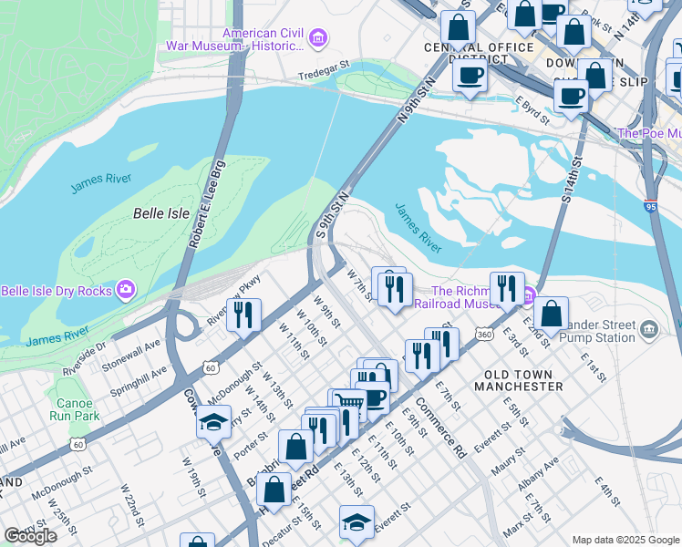 map of restaurants, bars, coffee shops, grocery stores, and more near 700 Semmes Avenue in Richmond