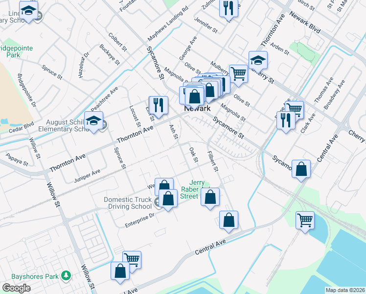 map of restaurants, bars, coffee shops, grocery stores, and more near 7590 Snow Avenue in Newark
