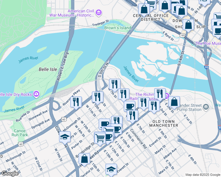 map of restaurants, bars, coffee shops, grocery stores, and more near 425 West 7th Street in Richmond