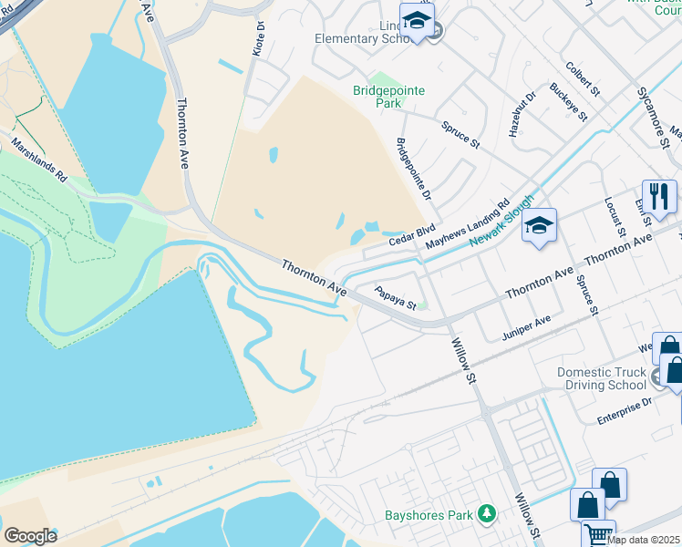 map of restaurants, bars, coffee shops, grocery stores, and more near 8593 Peachtree Avenue in Newark