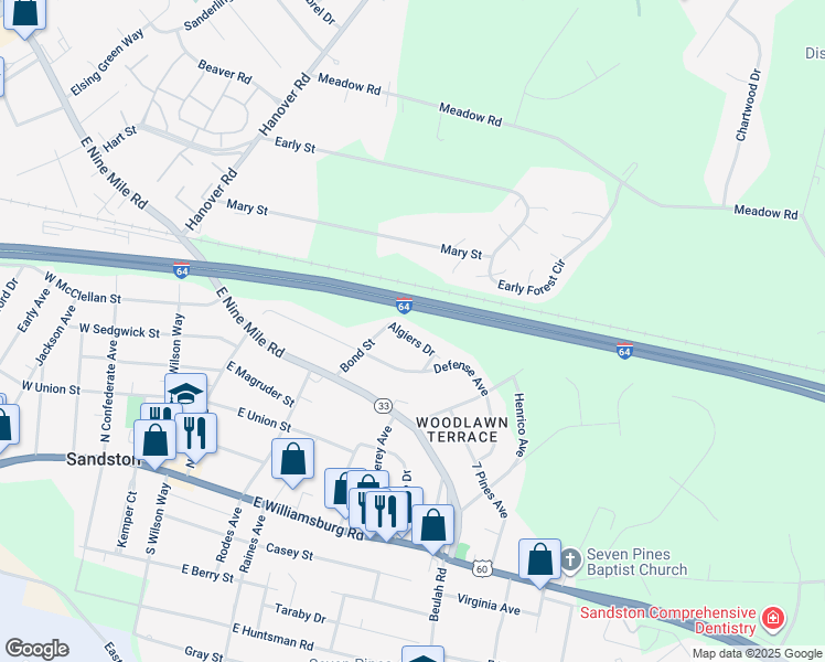 map of restaurants, bars, coffee shops, grocery stores, and more near 208 Algiers Drive in Sandston