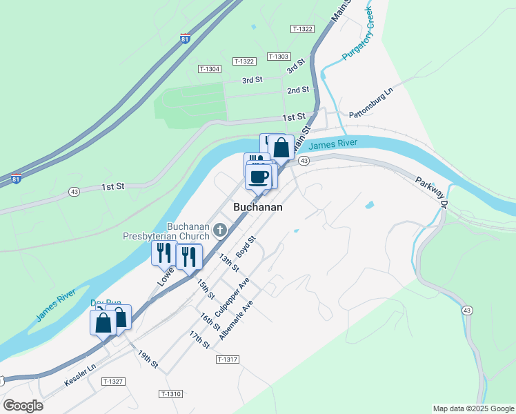 map of restaurants, bars, coffee shops, grocery stores, and more near in Buchanan