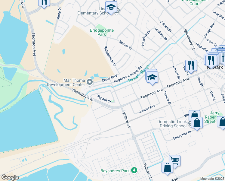 map of restaurants, bars, coffee shops, grocery stores, and more near 8501 Peachtree Avenue in Newark