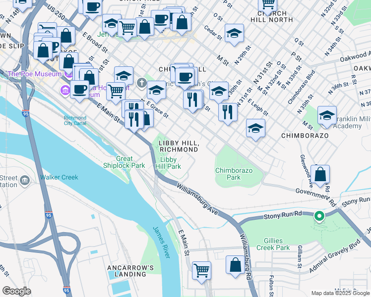 map of restaurants, bars, coffee shops, grocery stores, and more near 2906 East Franklin Street in Richmond