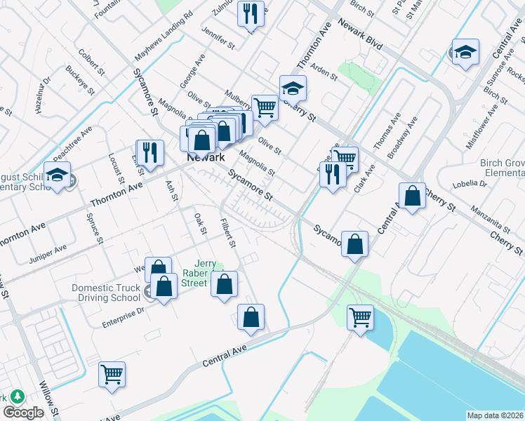 map of restaurants, bars, coffee shops, grocery stores, and more near 37171 Sycamore Street in Newark