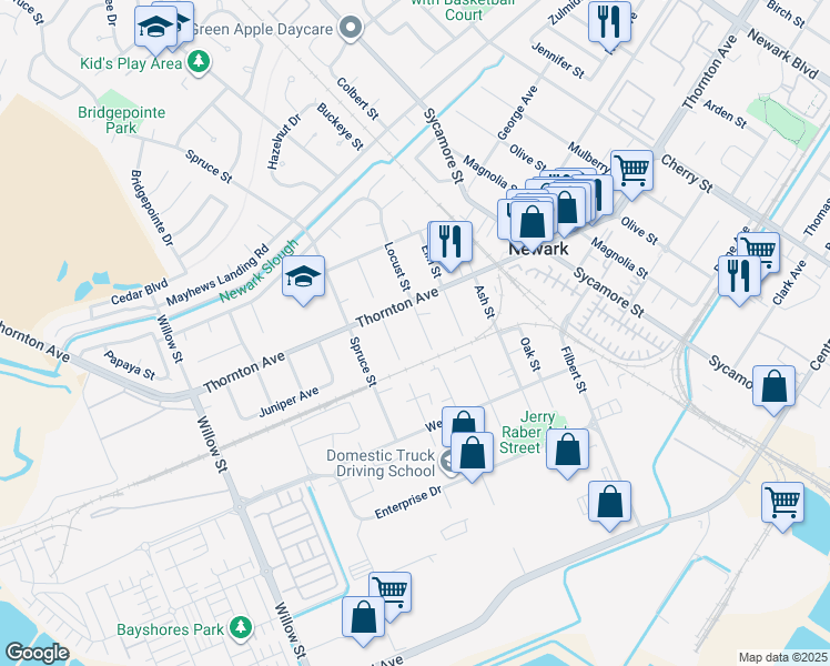 map of restaurants, bars, coffee shops, grocery stores, and more near 37073 Locust Street in Newark
