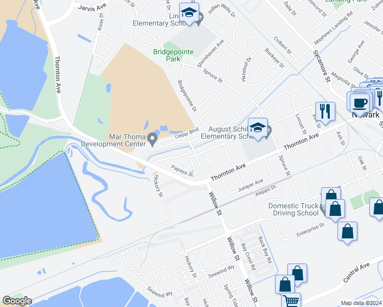 map of restaurants, bars, coffee shops, grocery stores, and more near 8501 Peachtree Avenue in Newark