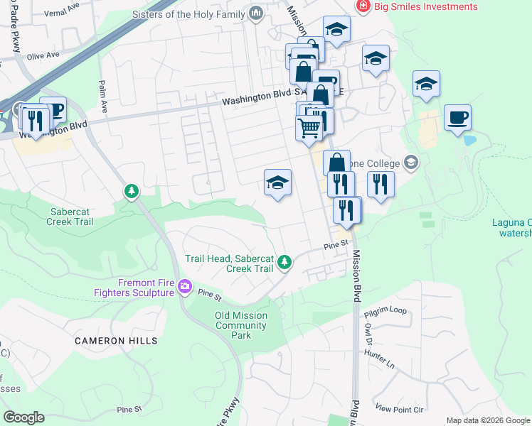 map of restaurants, bars, coffee shops, grocery stores, and more near 443 Becado Place in Fremont