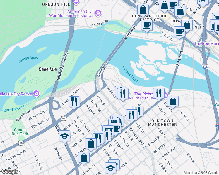 map of restaurants, bars, coffee shops, grocery stores, and more near 300 West 7th Street in Richmond