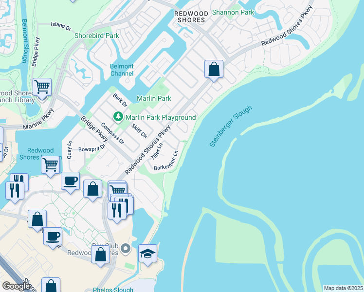 map of restaurants, bars, coffee shops, grocery stores, and more near 530 Barkentine Lane in Redwood City