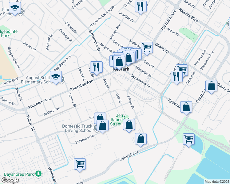 map of restaurants, bars, coffee shops, grocery stores, and more near 7510 Snow Avenue in Newark