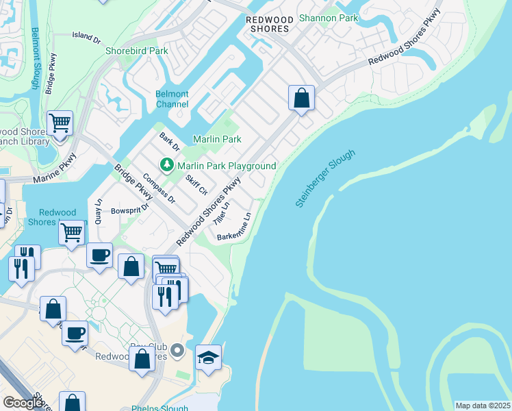 map of restaurants, bars, coffee shops, grocery stores, and more near 530 Barkentine Lane in Redwood City
