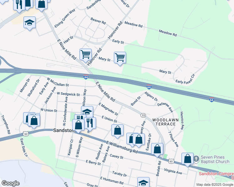 map of restaurants, bars, coffee shops, grocery stores, and more near 97 Defense Avenue in Sandston