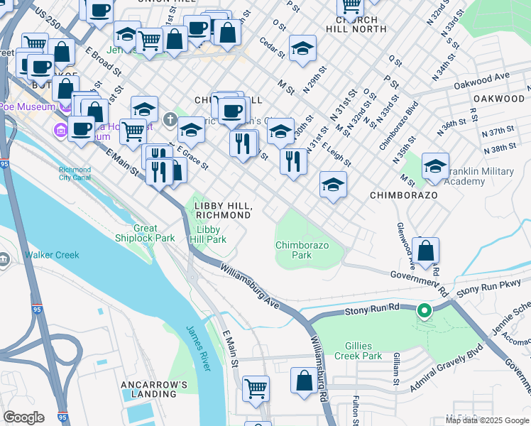 map of restaurants, bars, coffee shops, grocery stores, and more near 209 North 31st Street in Richmond