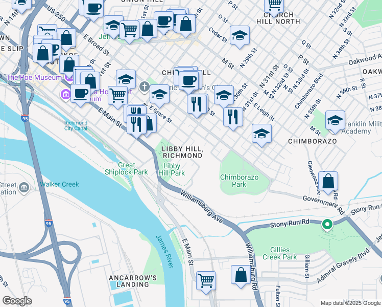 map of restaurants, bars, coffee shops, grocery stores, and more near 2906 East Franklin Street in Richmond