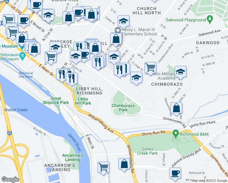 map of restaurants, bars, coffee shops, grocery stores, and more near 216 North 32nd Street in Richmond