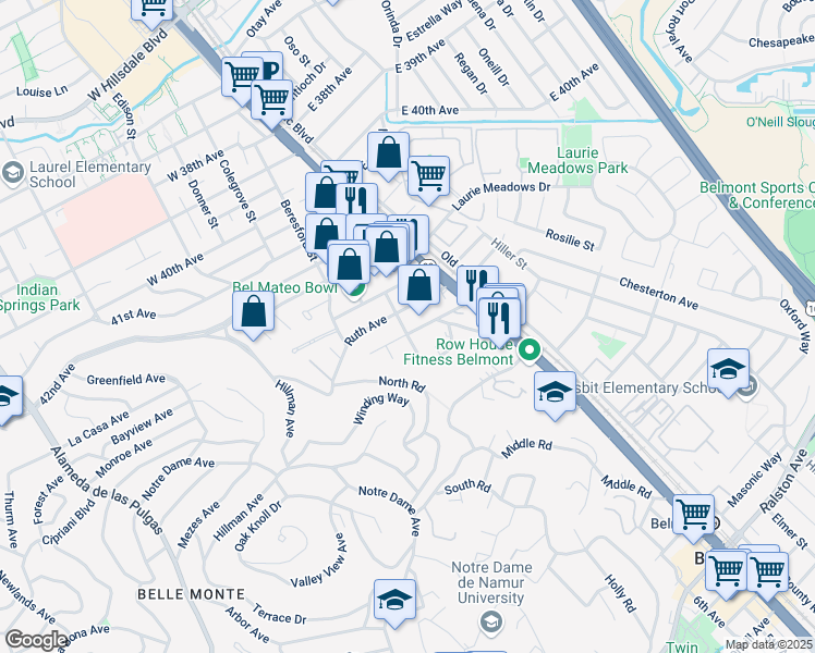 map of restaurants, bars, coffee shops, grocery stores, and more near 908 Anita Avenue in Belmont