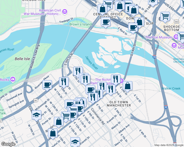 map of restaurants, bars, coffee shops, grocery stores, and more near Manchester Floodwall Walk in Richmond