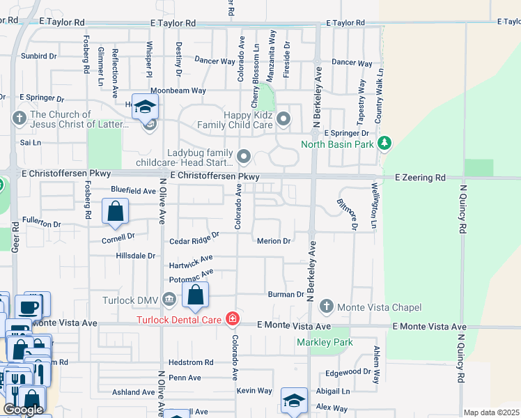 map of restaurants, bars, coffee shops, grocery stores, and more near 3755 Bethpage Street in Turlock