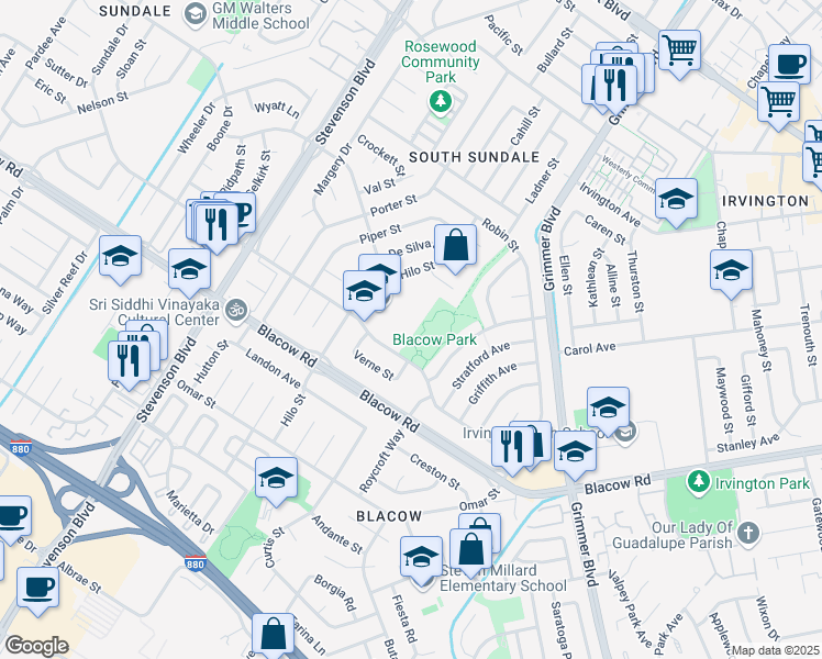 map of restaurants, bars, coffee shops, grocery stores, and more near 40404 Sundale Drive in Fremont
