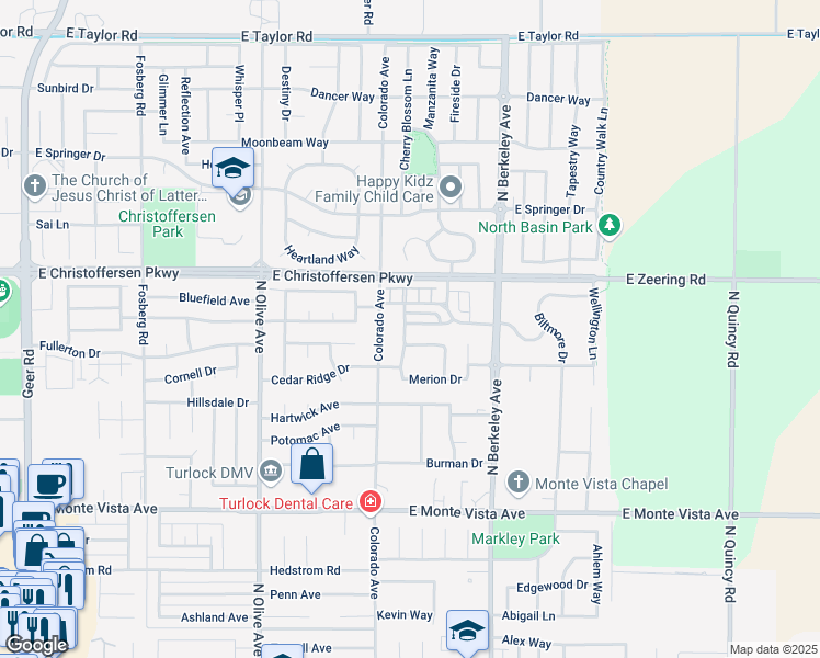 map of restaurants, bars, coffee shops, grocery stores, and more near 1282 Violet Way in Turlock